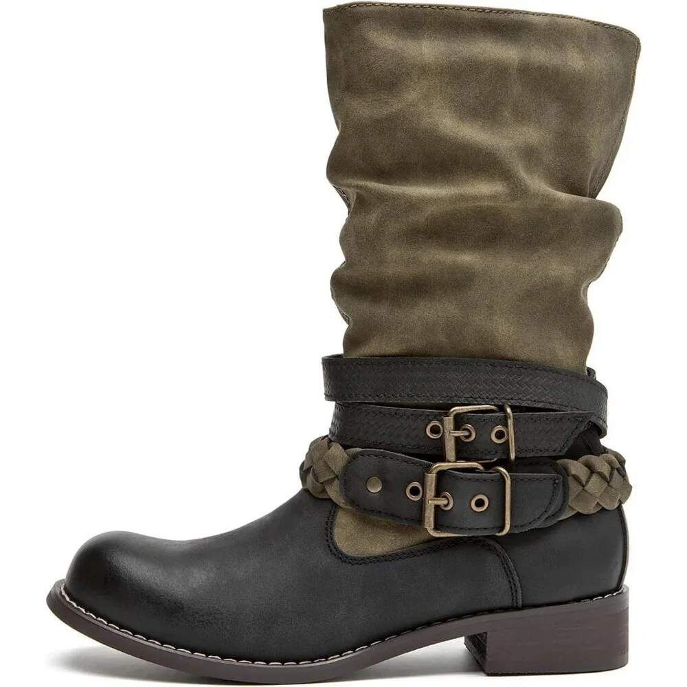 Women's Green SelRoys Mid-Calf Motorcycle Riding Boots Buckle Straps Pull-On - Picture 2 of 7
